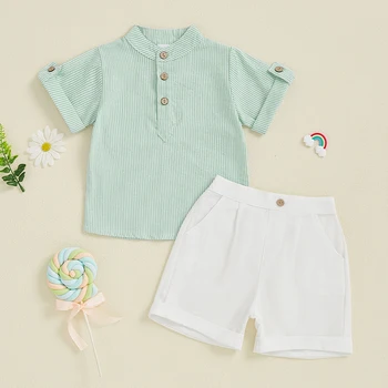 Children Baby Boy Summer Striped 2pcs Clothes Suits Infant Half Button-up Short Sleeve Tops Solid Shorts Toddler Cotton Set 1