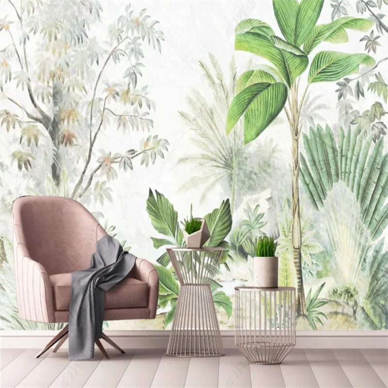 

Natural and Fresh Hand-painted Wallpaper Tropical Forest mural Green Plant Leaves Wallpapers for Living Room Background
