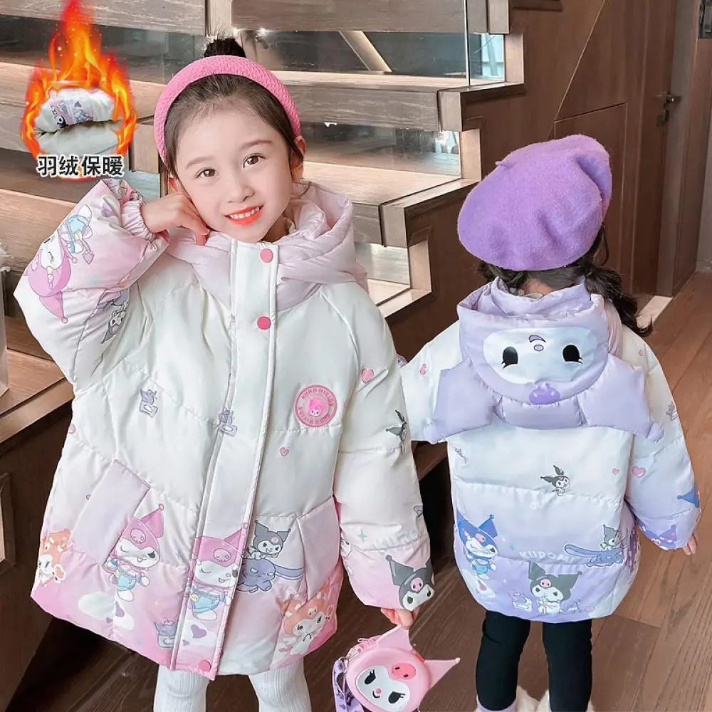 

Милый пуховик для девочек Sanrio Kuromi с аниме, Детский пуховик с люминесцентным рисунком, пуховик на утином пуху, зимняя детская одежда