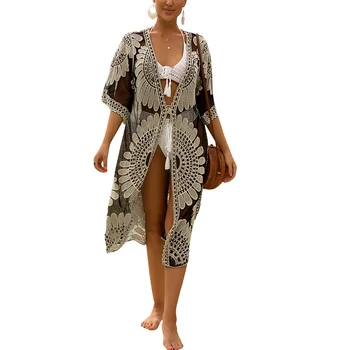 Women´s New Long Swimsuit Cover Up Half Sleeve Floral Crochet Open Front Kimono Fashion Beach Cardigan 1