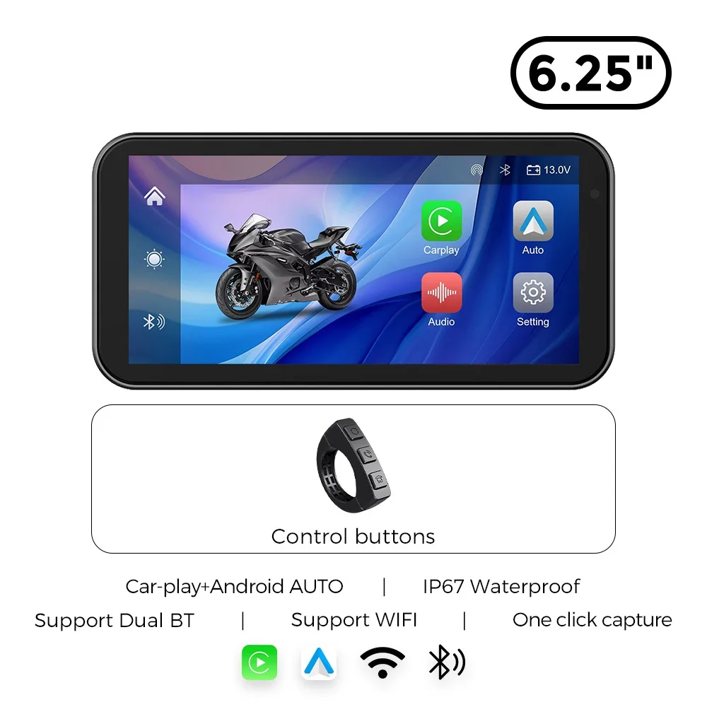 TomoStrong 6.25in Motorcycle GPS Navigation IP67 Wireless CarPlay TPMS DVR