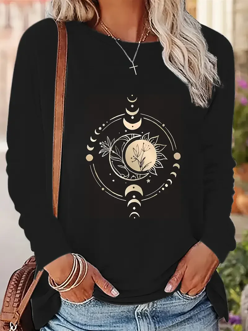 Women's Long Sleeve T-Shirt Sun Moon Stars Floral Design Vintage T Shirt Women's Print T-Shirt Crew Neck Top Tee Tshirt Casual 1