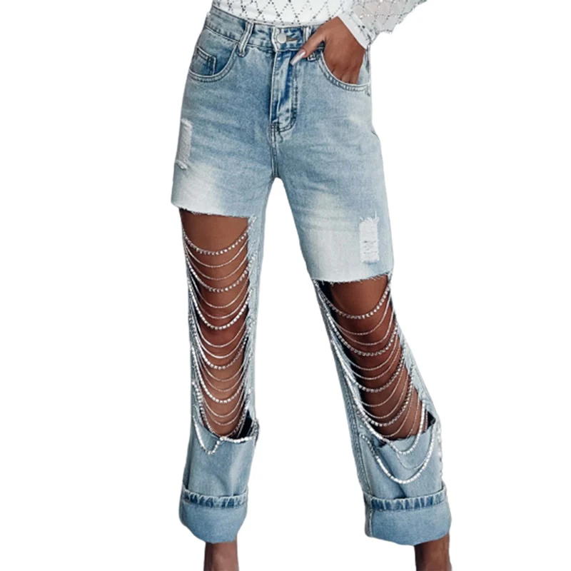 Fashion Big Broken Holes Chain Splicing Decoration Straight Jeans Women New Centre Hollow Out Denim Pants Female Casual Trousers women s micro flared denim pants trend raw hem decoration tassel jeans female fashion new casual stretch commuter blue trousers