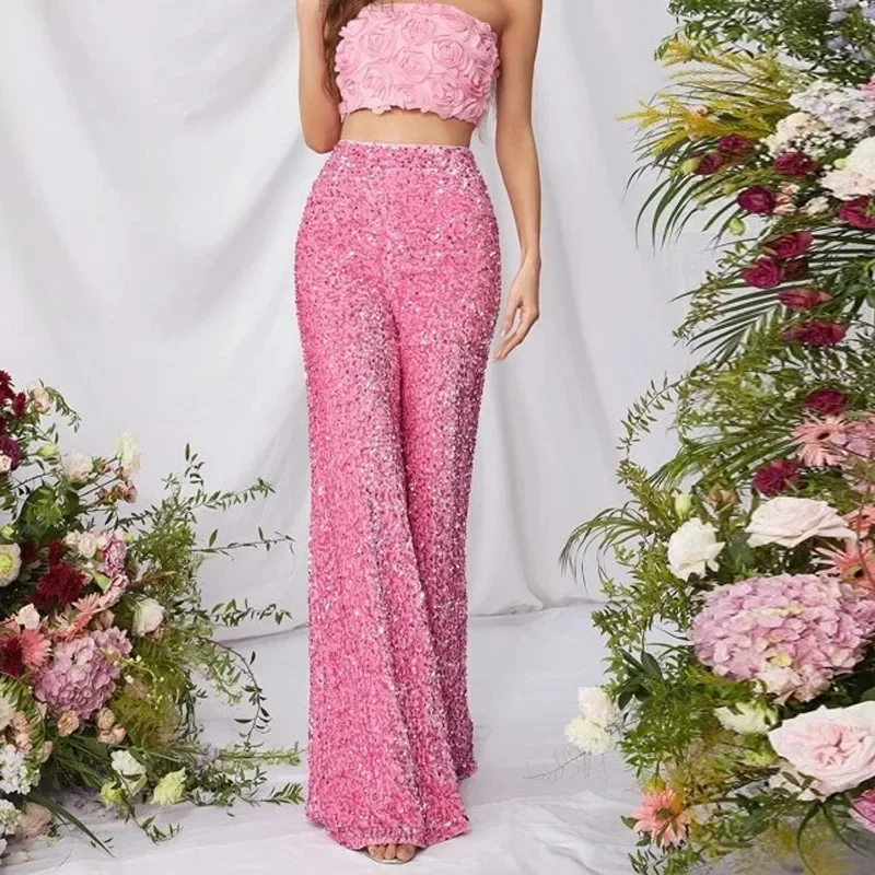 Shiny high waisted slimming wide leg pants for women's fashionable elastic high waisted pants for party casual street wear YDL28