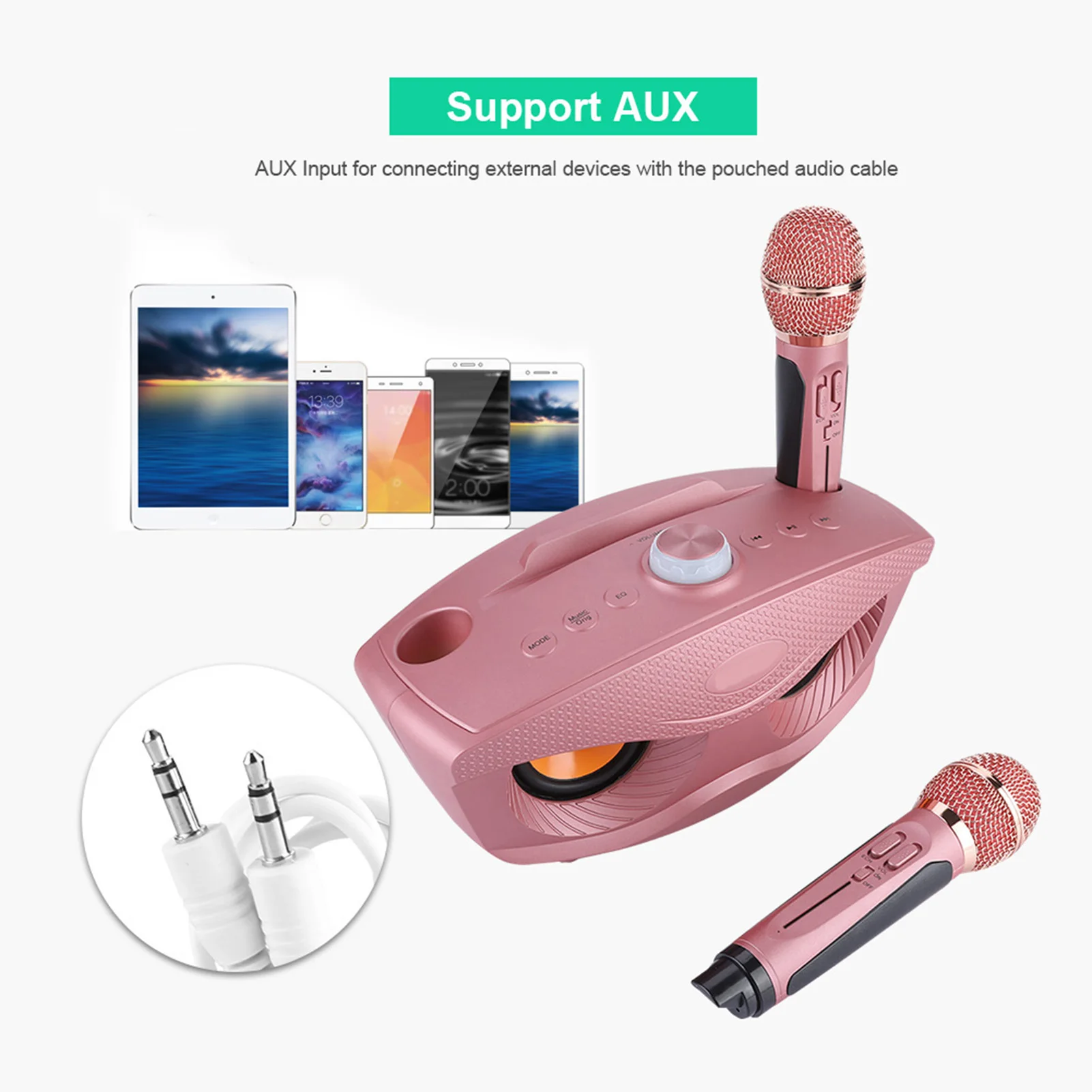 Home Karaoke Karaoke Machine Speaker Wireless Bluetooth Speaker Machine Home 2 Mircophones FM Radio Rose Gold