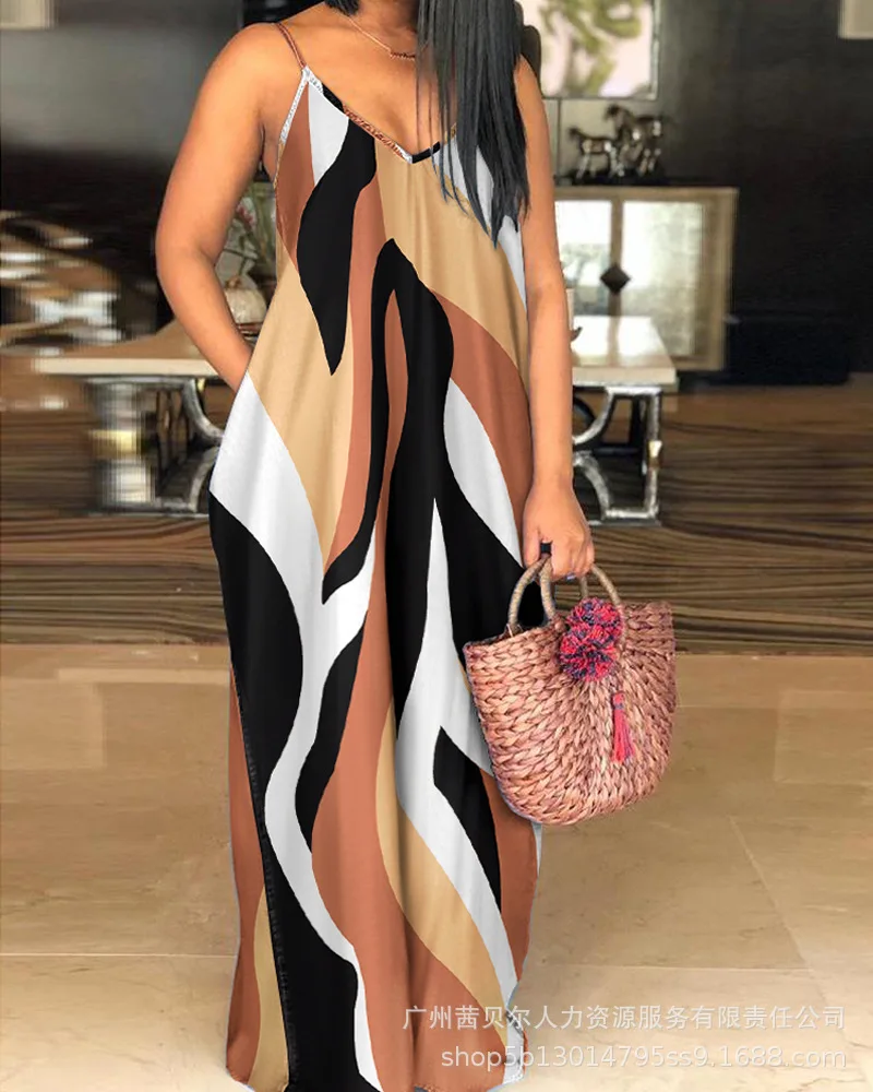 

Abstract Print Spaghetti Strap Casual Dress Women Summer Long Loose Maxi Dress V Neck High Waist Floor Length