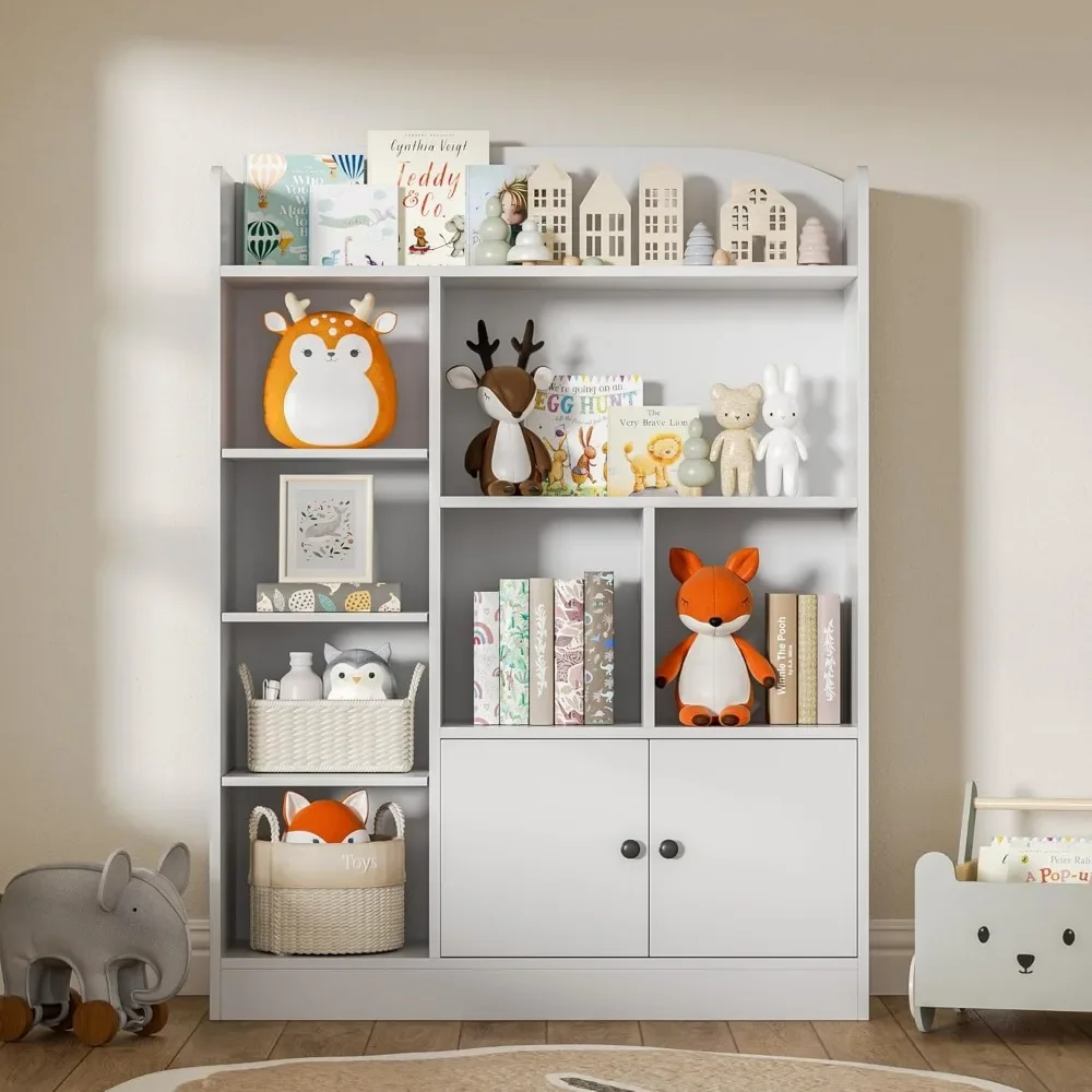 White Kids Bookshelf, Kids Bookcase with 7 Cubbies and 2 Cabinets, Freestanding Book Storage Shelves for Bedroom 4