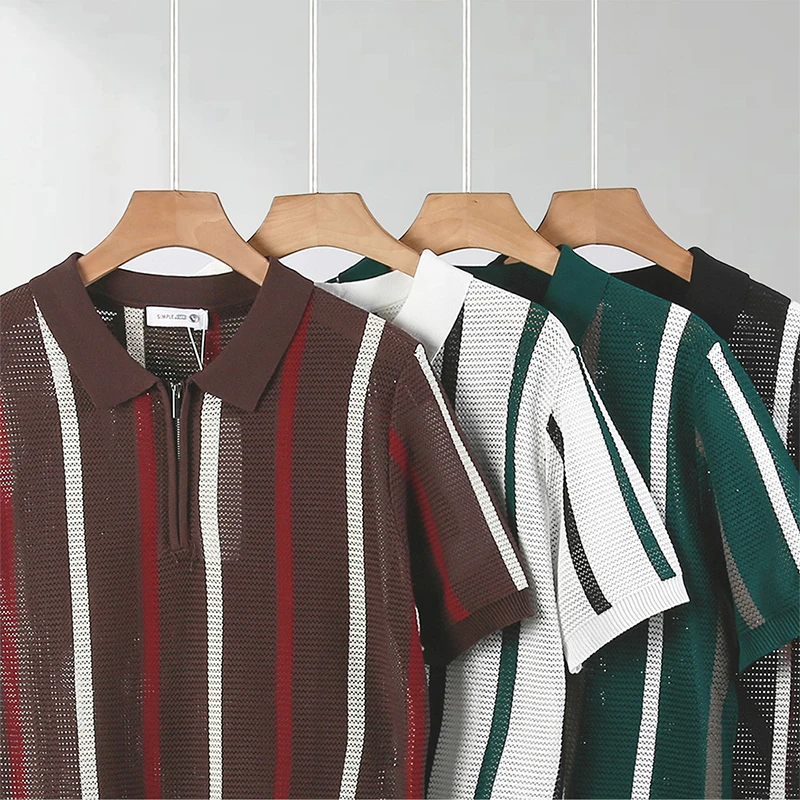 Stylish Mens Knitting Mesh Polo Shirts 2025 Summer Casual Hollow Out Knitted Polo Shirt Men Vintage Striped Lapel Zipper Polos 10 Sb07aef5e7ca745ff98a70c12ab73994b4