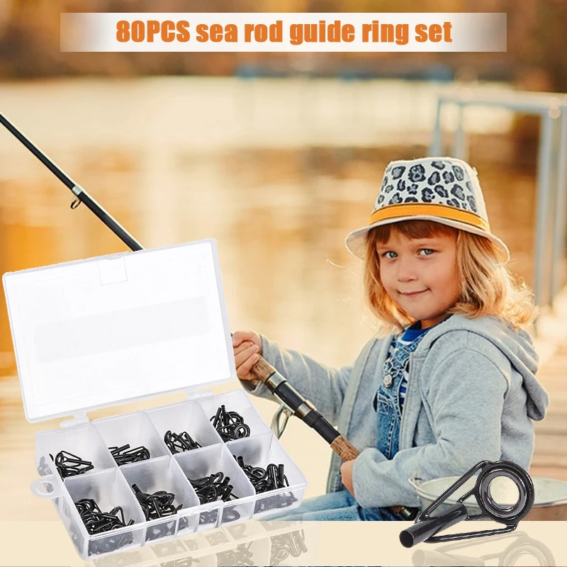 

80pcs Rod Ring Sea Guide Fishing Rod Tip Guides Repair Kit Stainless Steel Frames Ceramics Black Building Eye Building Repair