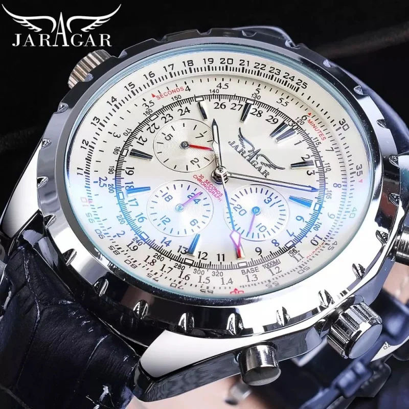 Elegant Automatic Mechanical Men's Watch with Hollow Dial and Luminous Chronograph Features
