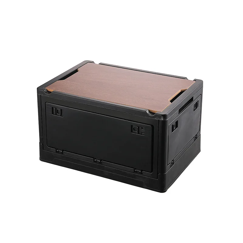 Camping Folding Box Outdoor Car Home Storage With Wooden Lid Side Openable