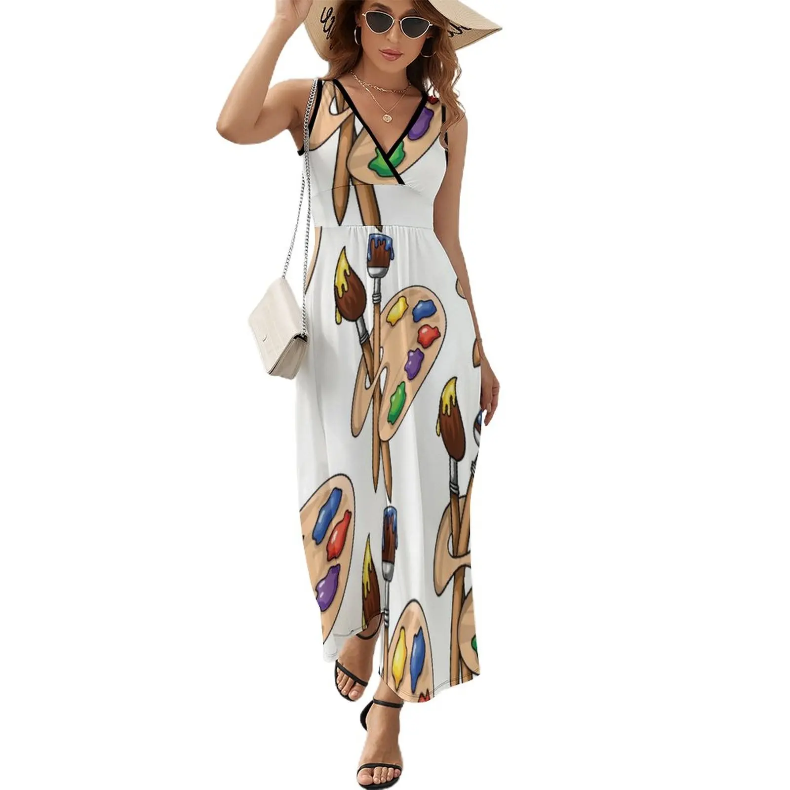 

Cartoon wooden art Palette with paints and two brushes Sleeveless Dress summer clothes long sleeve dresses Woman clothes