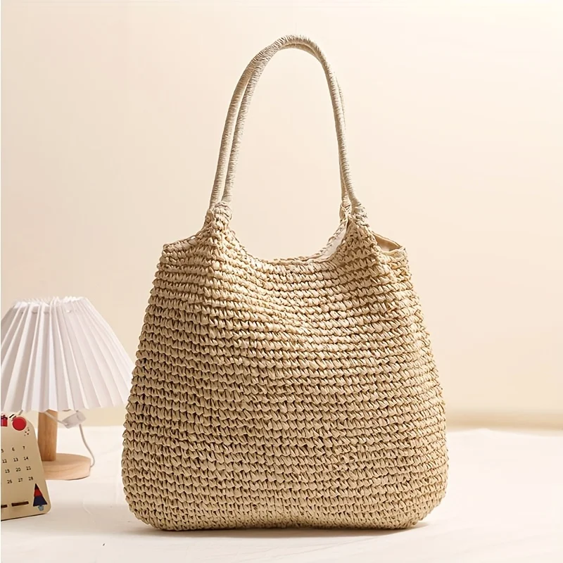 Women Shoulder Bag, Fashion Large Capacity Tote Straw Bag, Casual Solid Easy Beach Bag for Vacation Beach Outdoor Travel Camping - 5