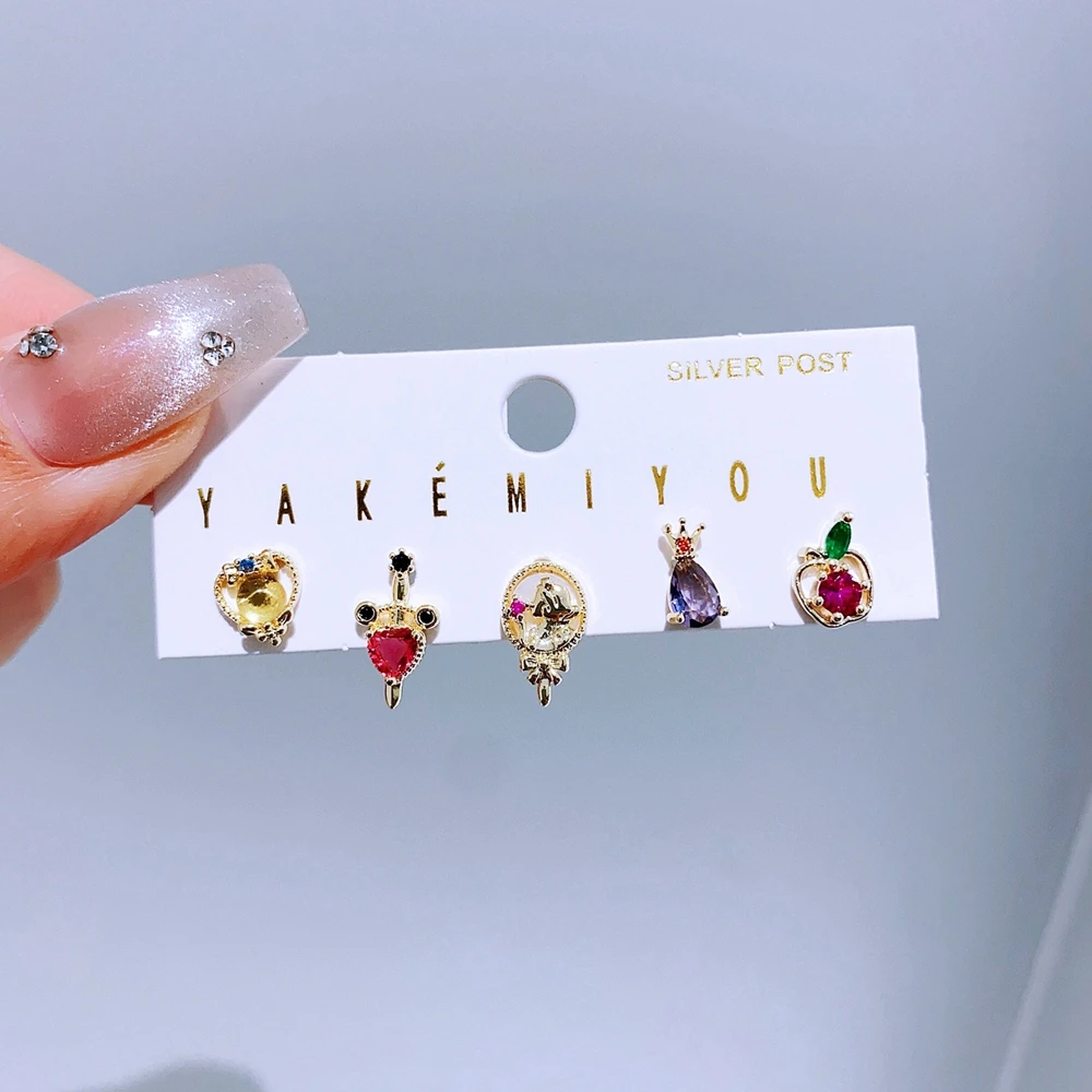 5pcs/set Mixed Design Stud Earrings for Women Girls Gold Color Cubic Zirconia Princess Gift Jewelry 3