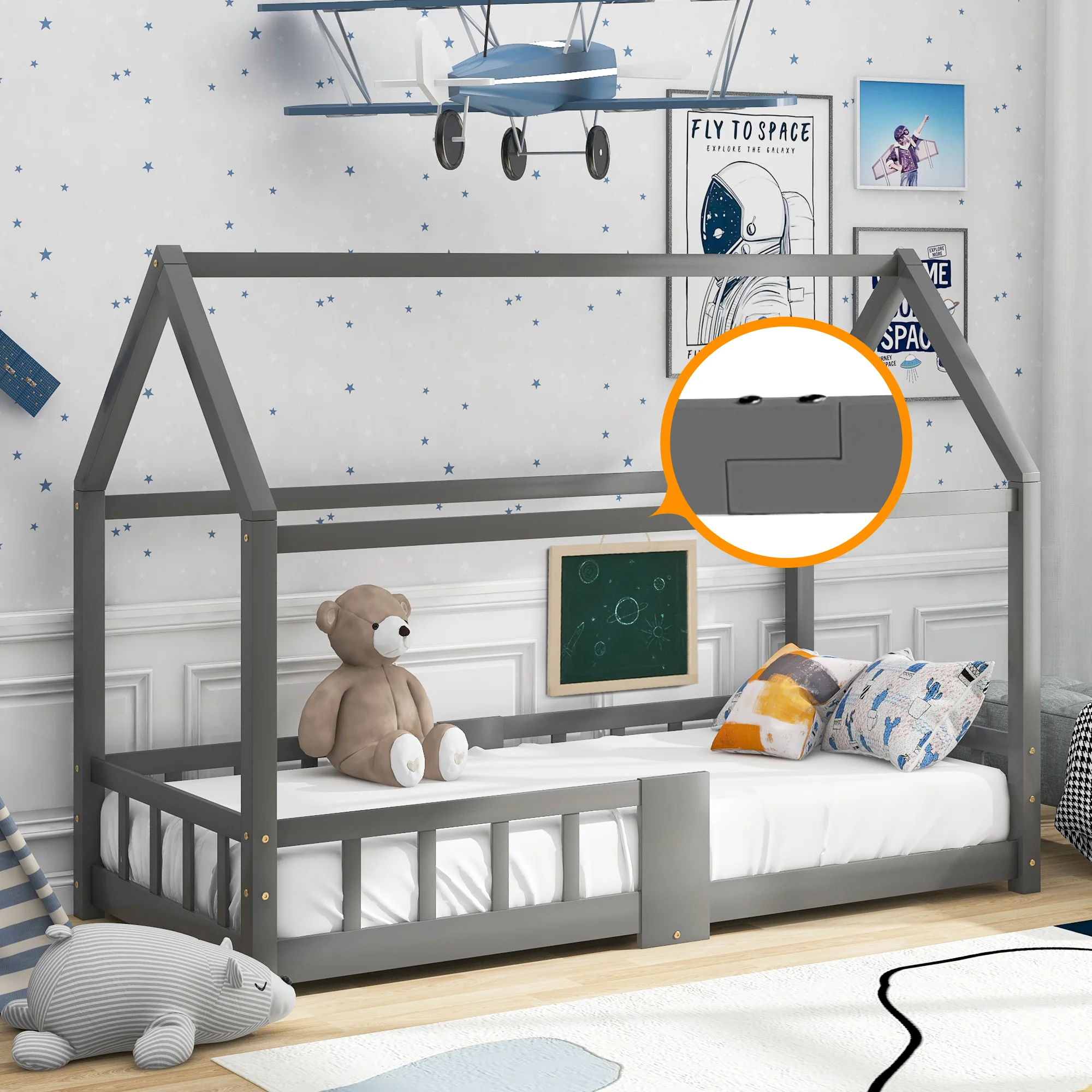 Kinderhausbett 90 x 200 cm aus Kiefernholz in Grau, inklusive Lattenrost und Rausfallschutz (ohne Matratze). – Detail 12
