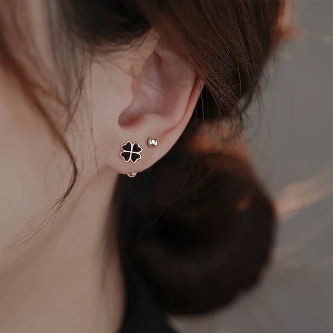 Vivilady One Piece 925 Silver Cute Black Lucky Clover Plant Orecchini Per Moda Donna Gioielleria Raffinata Accessori Minimalisti
