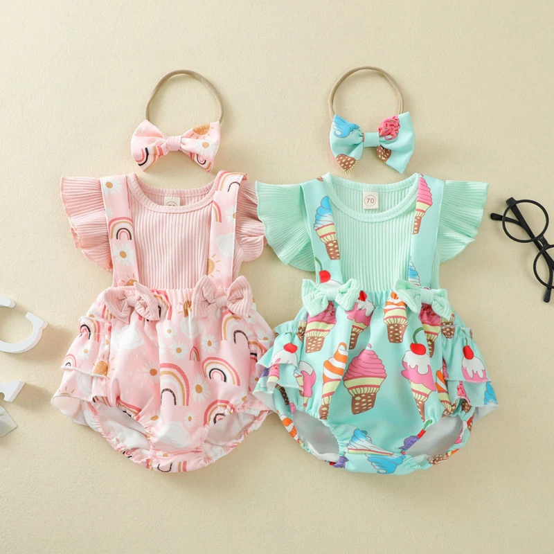 

3PCS Newborn Baby Girls T-shirt Strap Shorts Headband Outfits Infant Summer Rainbow Ice Cream Print Tee Bottoms Clothing 0-24M