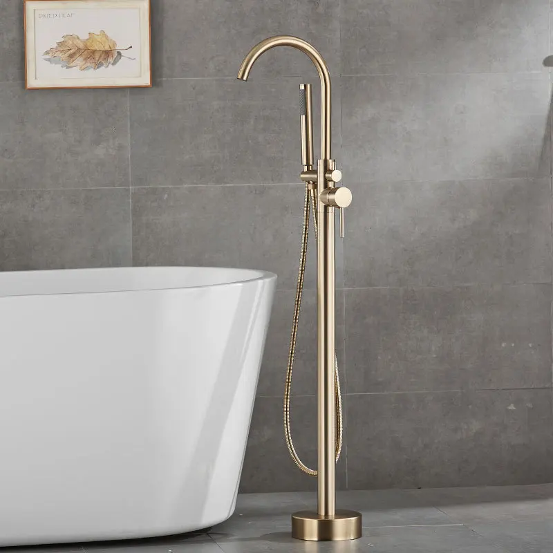 

Brushed Gold Bathroom Bathtub Faucet + Handheld Shower Free Standing Luxury Gray BathTub Mixer Taps Floor Mounted