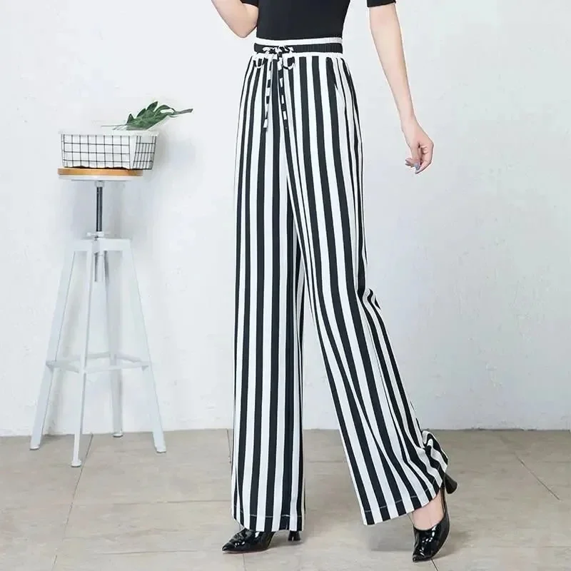

2023 Summer Chiffon Wide-Leg Pants Women's Loose High-Waisted Vertical Striped Mopping Trousers Vertical Straight Casual Pants