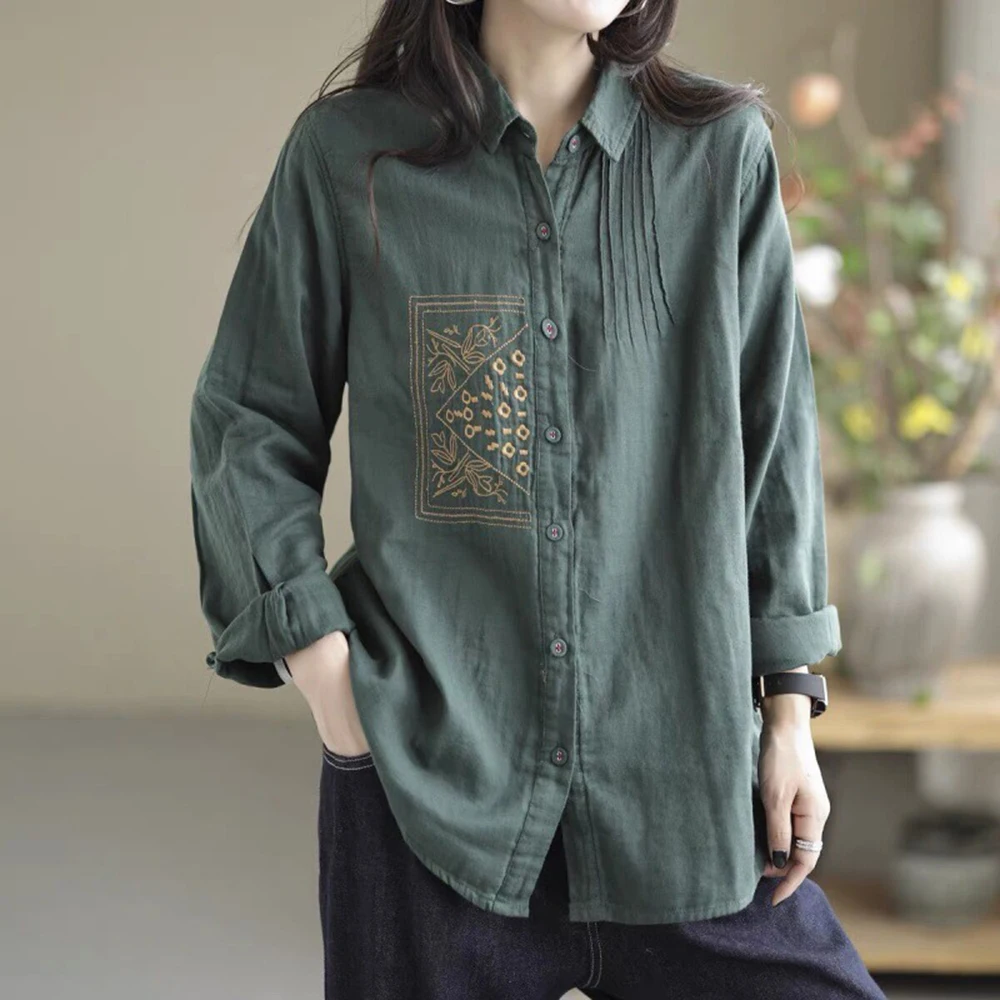 

Autumn Shirts New Style Ladies Elegant Loose Long-Sleeved Tops Retro Casual Solid Color Embroidered Cotton And Linen Women Shirt