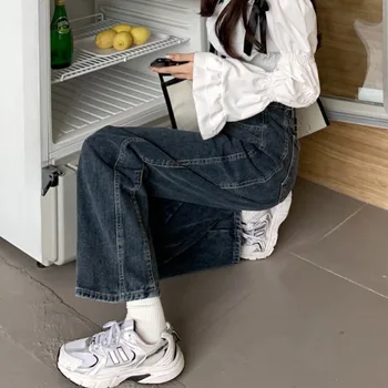 높은 허리 레트로 작은 청바지 여성의 봄 2023 새로운 반 탄성 허리 슬림 스트레이트 바지