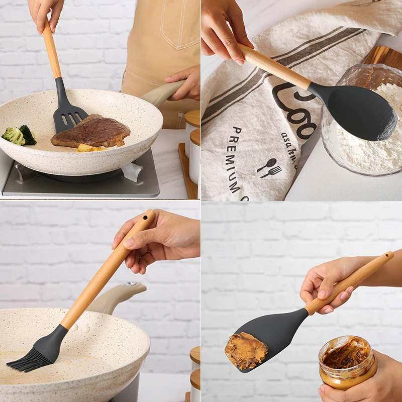 Kitchen Utensils 1Pcs Silicone Wood Handle Gray Spatula, Soup Spoon, Spatula, Spaghetti Noodle, Kitchen Cooking Tools, Kitchen Utensils Tableware