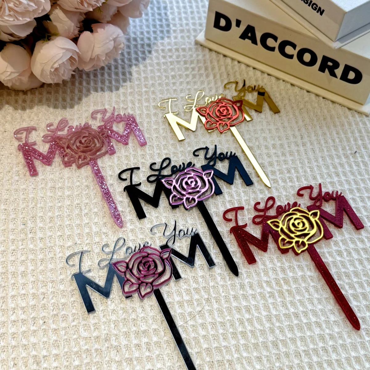 New Acrylic Mother's Day Cake Topper Rose I Love You Mum Cake Topper for Mother's Day Birthday Decoration Supplies ﻿