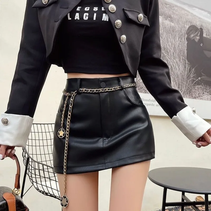 

HotGirl Mini Skirt PU High Waist Black Autumn Winter Slim with Safety Pants Women Skirt Free Shipping Korean Fashion Clothing