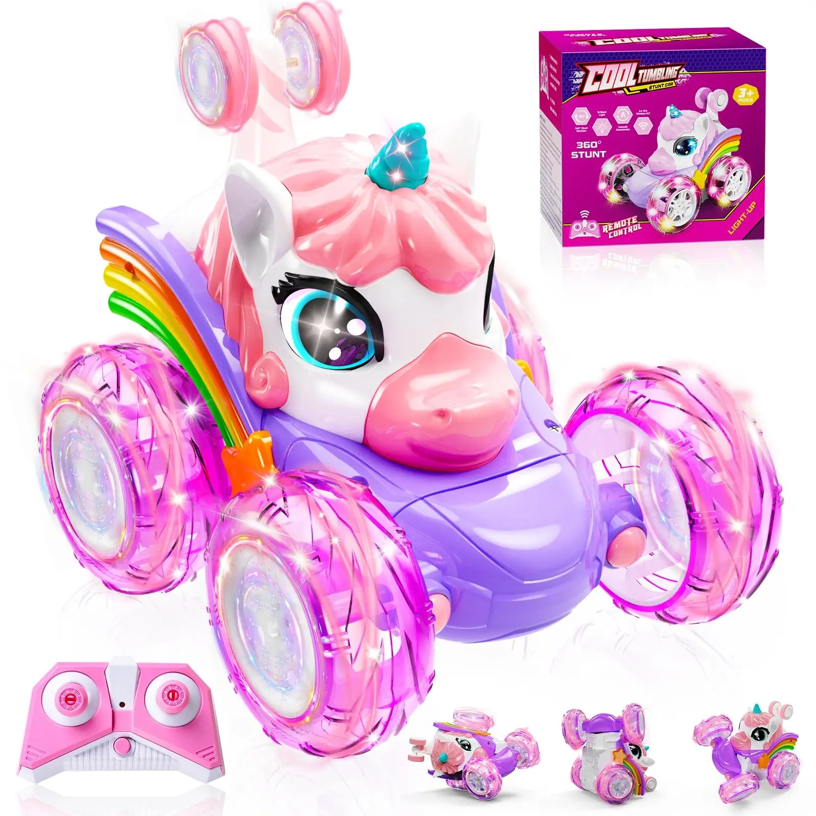 Einhorn-Ferngesteuertes Auto für Mädchen, 360° drehbares 4WD-Stunt-RC-Auto mit niedlichen Lichtern, wiederaufladbares Spielzeug – ideales Geburtstagsgeschenk für Kinder_voghion.com