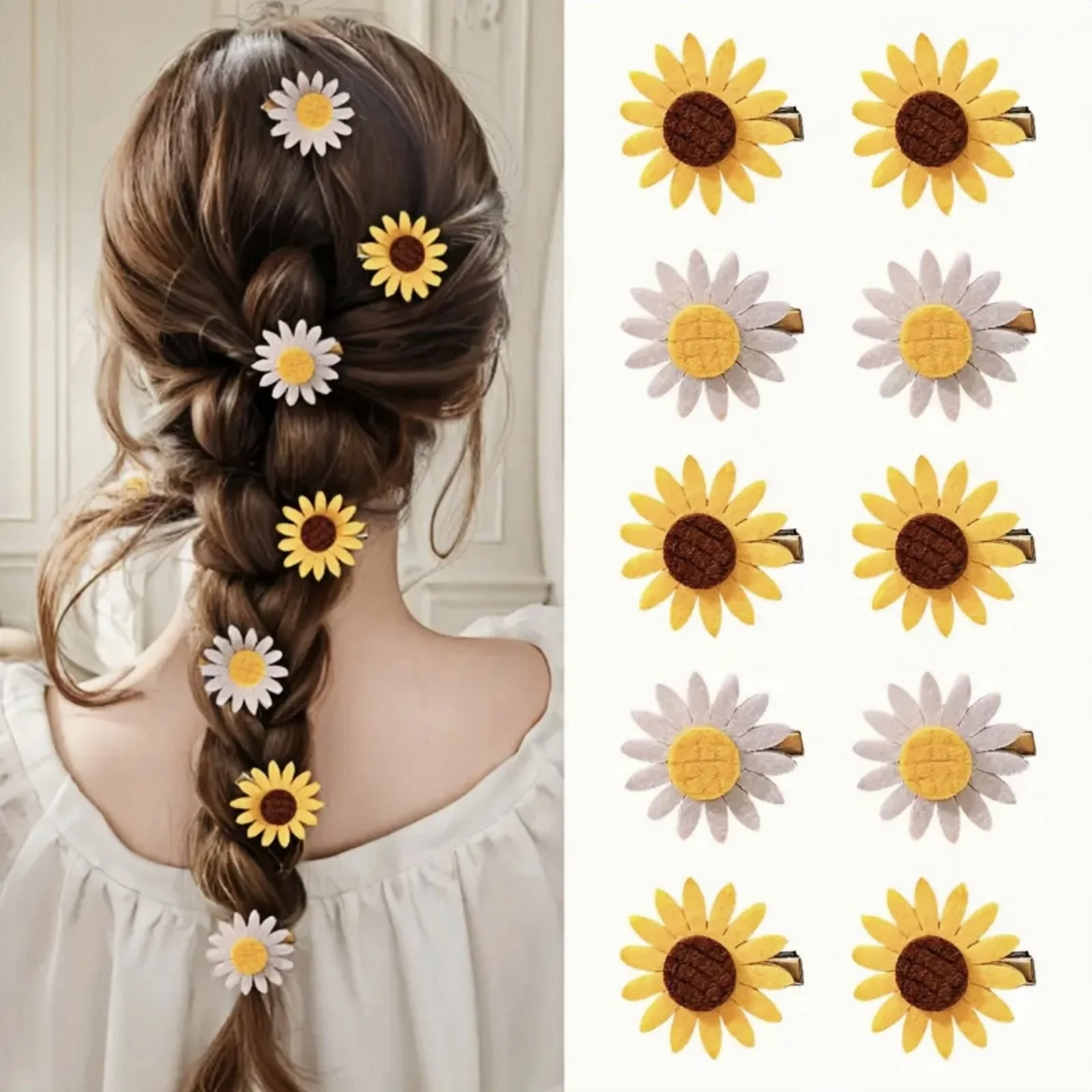 10/20 Stück Sonnenblumen-Haarspangen – stilvolle und vielseitige Entenschnabel-Clips mit seitlichem Pony, Sonnenblumen-Haar-Accessoire aus Vliesstoff für Kinder