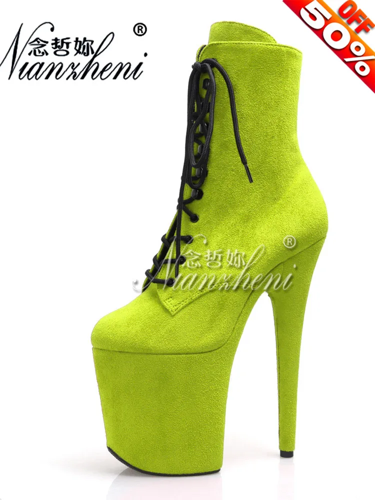 

20cm Ankle Boots Flock Lace Up Stripper Heels Fashion Sexy Fetish Women Pole Dance Shoes Platform Exotic Dancer Nightclub Exotic