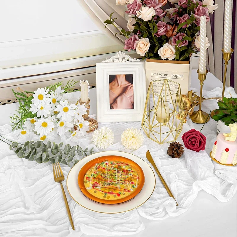 3pcs White Cheesecloth Table Runner Boho Gauze Cheese Cloth for Wedding Bridal Baby Shower Birthday Party Cake Table Decorations 4