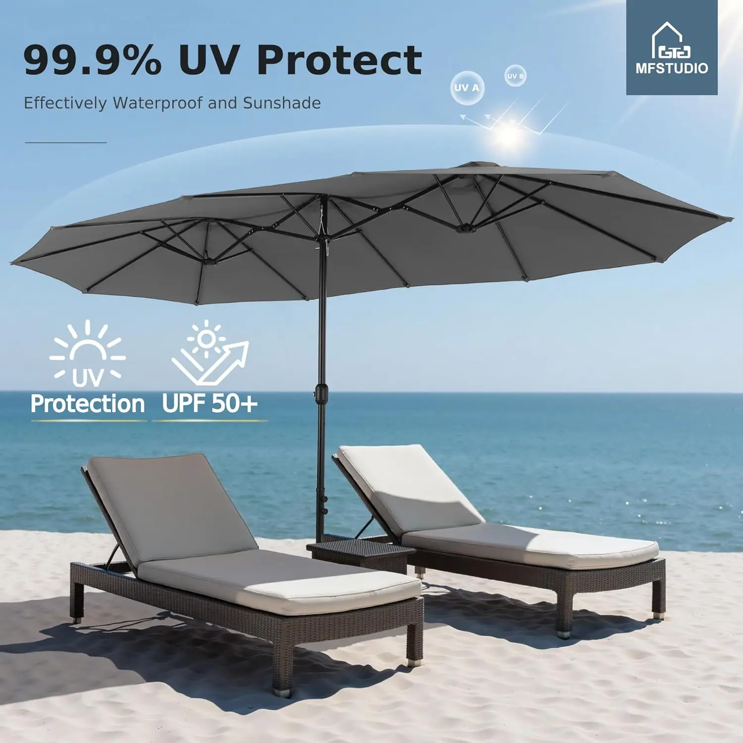 15ft Double Sided Patio Umbrella with Base Included, Outdoor Large Rectangular Market Umbrellas with Crank Handle, Customized 2