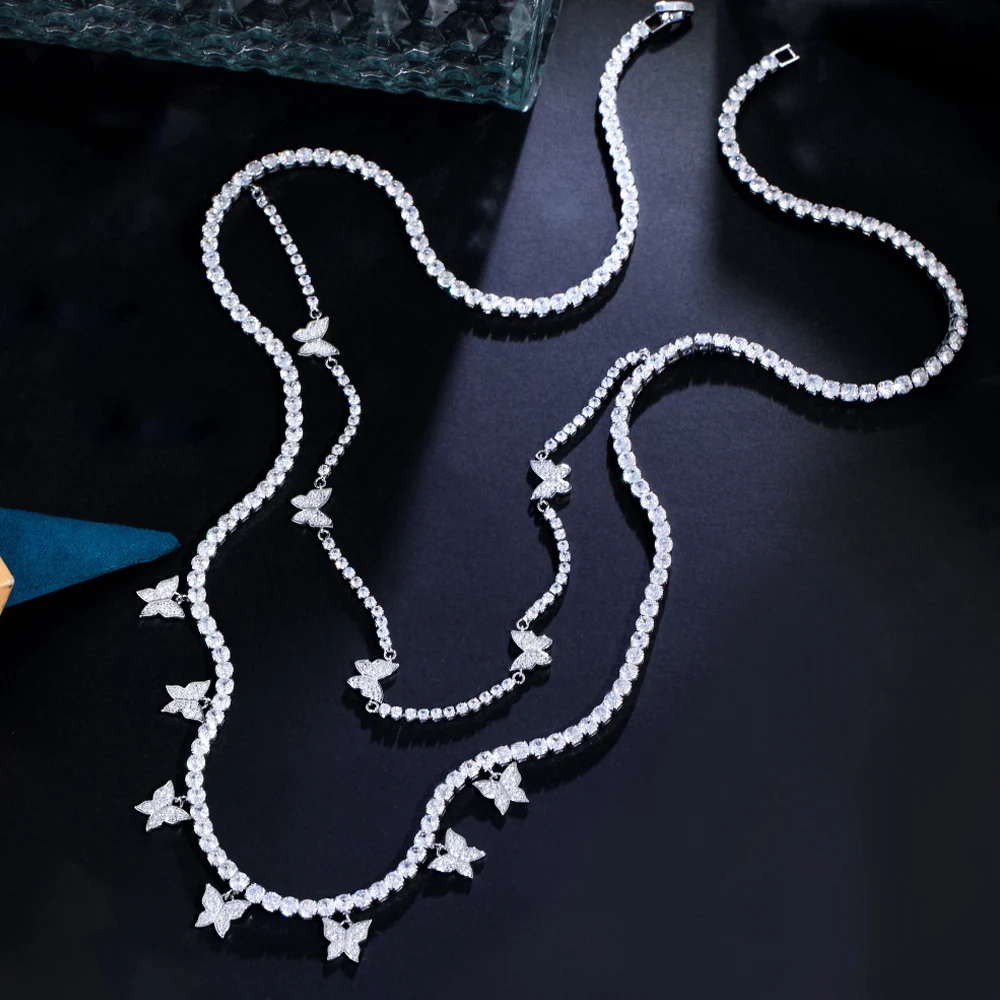 ThreeGraces 82cm Elegant Cubic Zirconia Silver Color Insect Butterfly Long Sweater Chain Necklace for Women Party Jewelry PN199