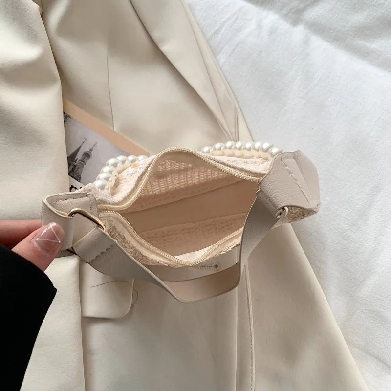 Fashion Flower Embroidery Straw Shoulder Messenger Bags Women\'s Pearl Design Woven Bag New Summer Beach Straw Bag Female Handbag