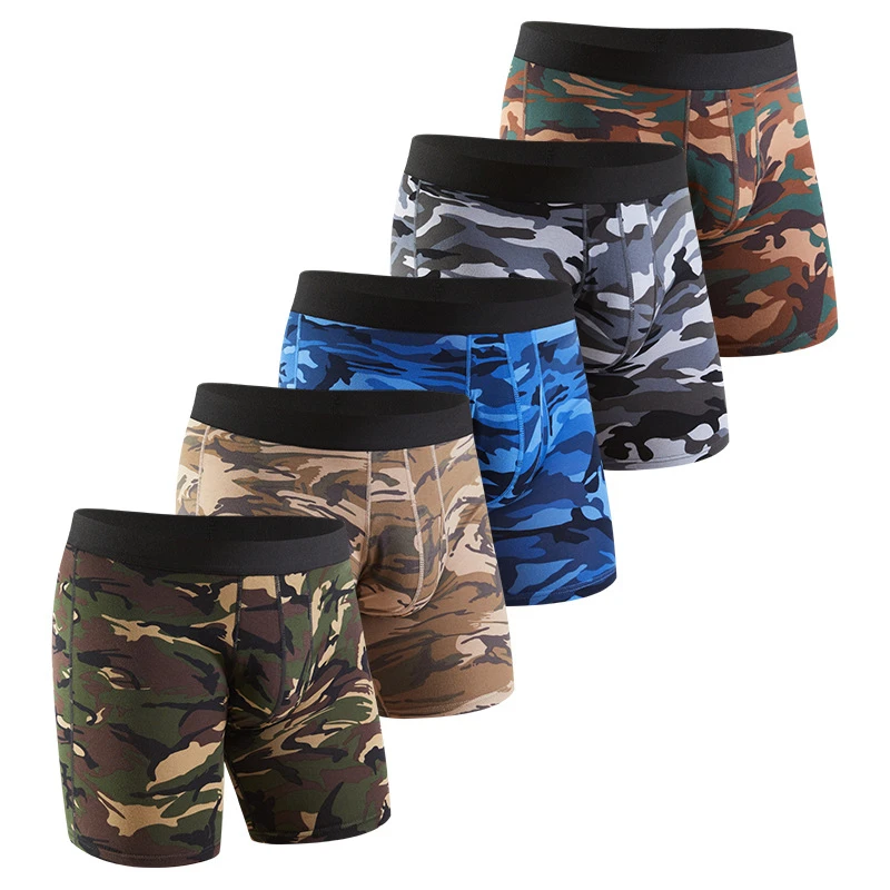 5 Pz Uomo Mutande Mutandine Da Boxe Uomo Militare Mimetico Boxer Uomo Intimo Rigonfiamento Cotone Sport Gamba Lunga Boxer Per Uomo