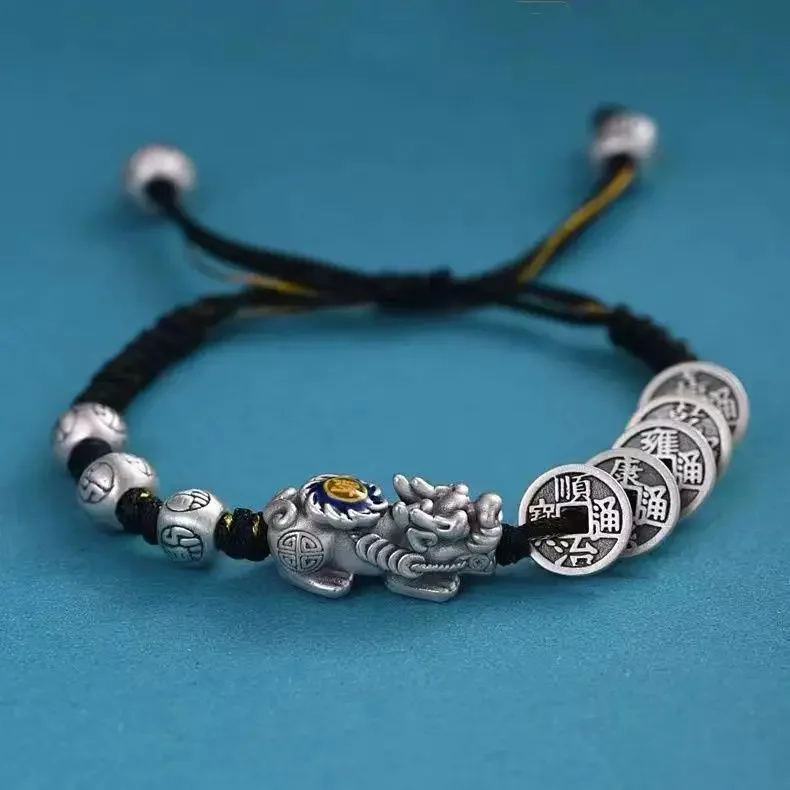 

Fortune Five Emperors Money Pixiu Bracelet for Men and Women Hand-woven Ancient Silver Copper Wealth Lucky High-grade Hand Rope