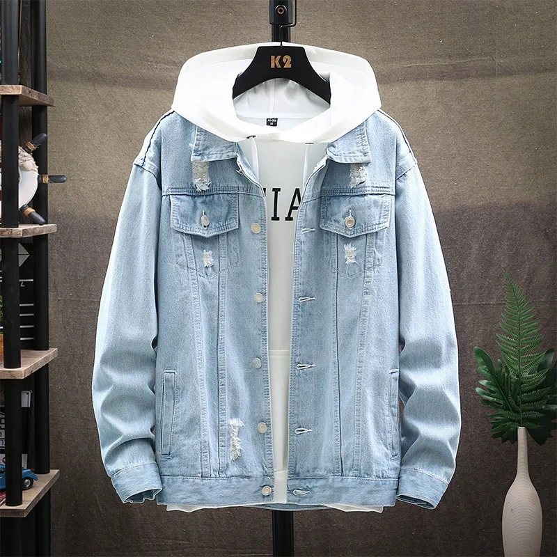 Spring and Autumn New Youth Broken Hole Denim Coat Men's Classic Casual Fashion Top Trendy Versatile Men's Coat