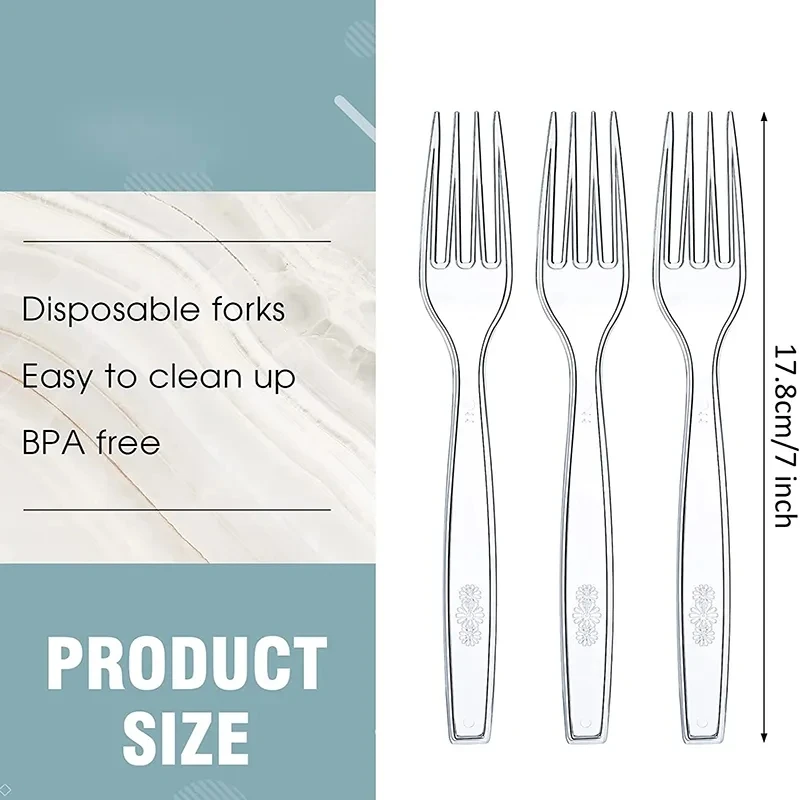 Large Clear Transparent Cutlery Disposable Forks For Party BBQ Sticks Home Food Cake Fruit Fork Disposable Tableware 25/50Pcs