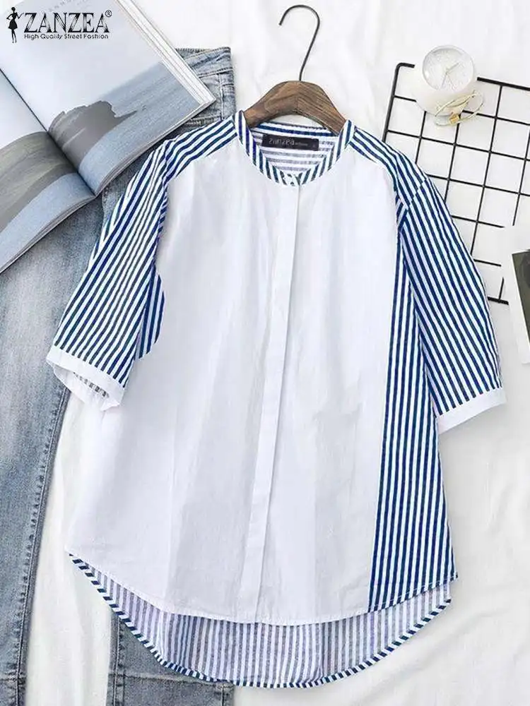 

ZANZEA Casual Striped Panel Shirt Button Up O-neck BlusaWomen 2023 Summer Half Sleeve Chemise Fashion Rounded Hem Oversize Tops