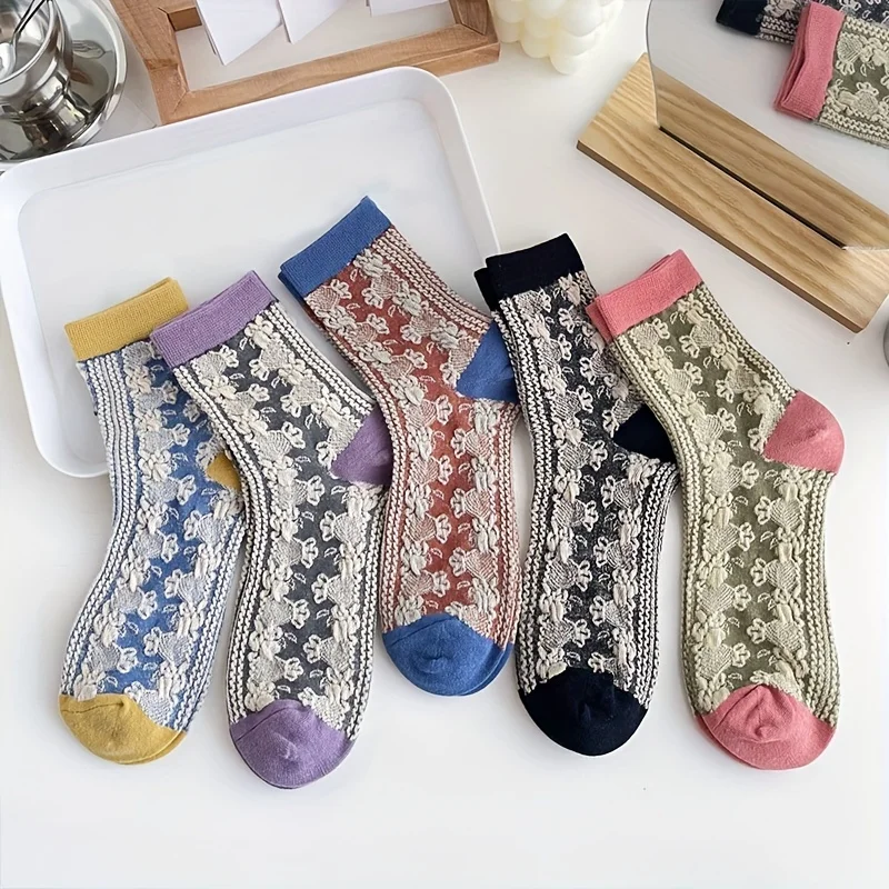 

5 Pairs of Women's Mid Length Stockings, Retro Chain Loose Necked Floral Print Socks, Breathable Cotton Socks