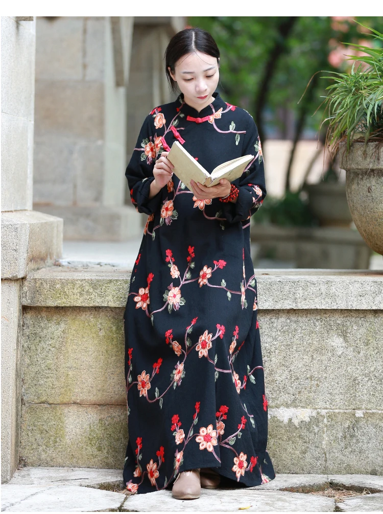 LZJN-Long Sleeve Maxi Dress for Women, Chinese Style, Tunic
