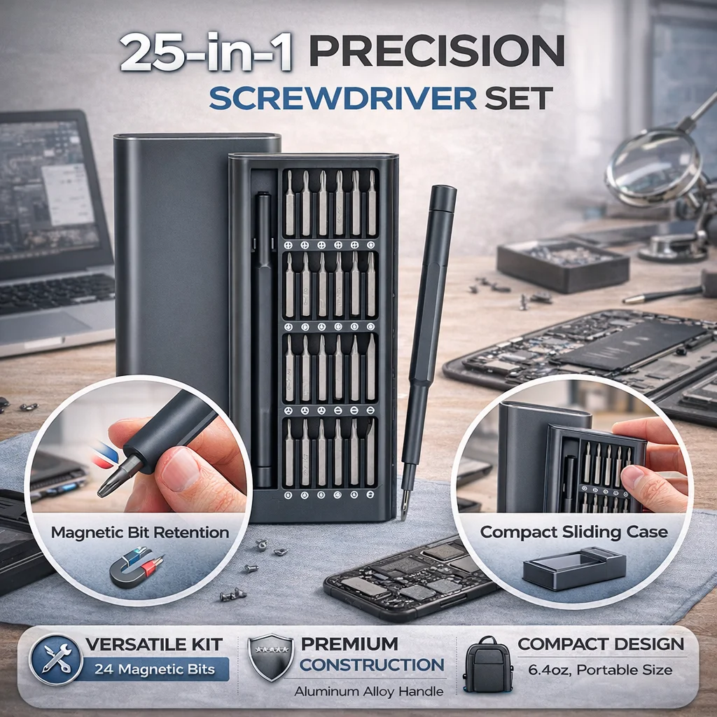UF Tool 25-in-1 Magnetic Screwdriver Set - Precision Repair Kit For Phone, Computer & Electronics - 24 Detachable Steel Bits_voghion.com