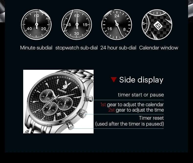 PLAYBOY 8881 Original Quarzuhren für Herren Stahlarmband Wasserdicht Leuchtend Chronograph Herrenuhren Mode Schlichte Männeruhr – Detail 13