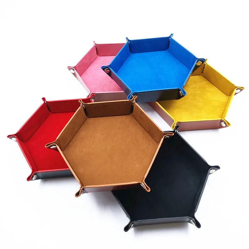 Folding Hexagon Dice Game Storage Tray Leather&Velvet Mat DIY Household Office Supplies Coin Desktop Jewelry Makeup Key Tools dice tray