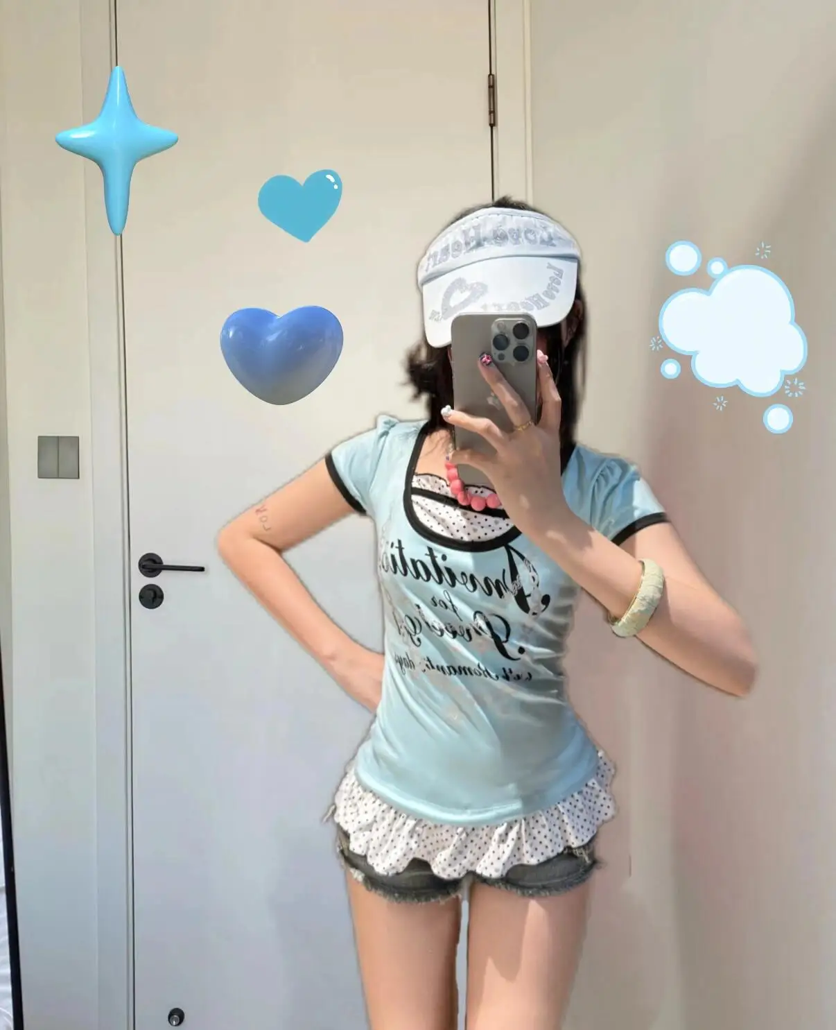 Y2K Millennium Hot Girl Letter Print Slim ort Sve Vintage Polka Dot Splice Ruffle Hem Top Fake Two-Piece T-irt