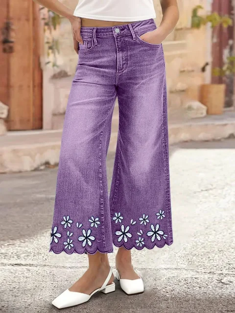 Plus Size Womens Loose Fit Jeans Printed Denim Pants Elastic Waist Comfort Stretch Trousers Floral Embroidery Women's pants