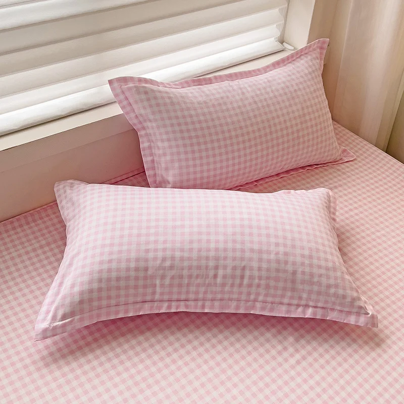 Plaid Pink Fitted Sheet & Pillowcase Set Durable Polyester Fabric, Hypoallergenic, Quick-Dry Home/Hotel Use Twin/Queen/King Size 6
