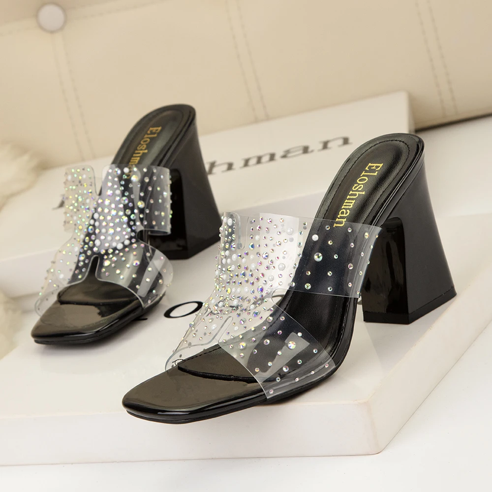 

2023 New Arrival Silver CRYSTAL PVC Transparent High Heels Women Slippers Sandals Square Toe Mule Slides Party Shoes