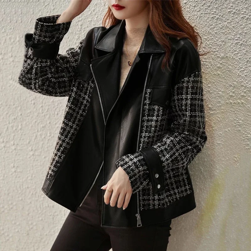 

Biker Jacket Woman Black Luxury Clothing Autumn Vintage Leather Korean Streetwear Y2k Clothes Plaid Winter Coat for Women 2023